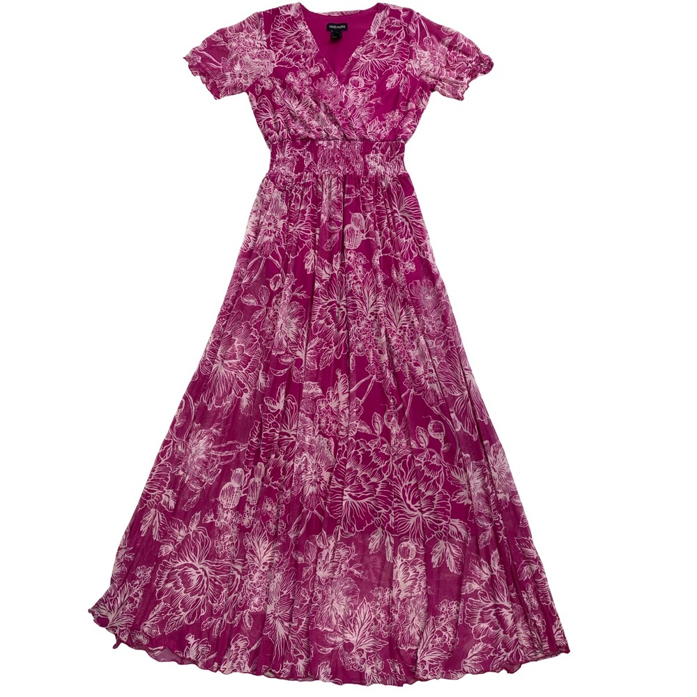 Vivid Aura Womens Magenta Pink Floral Maxi Dress Smocked Waist Size 8 Tropical